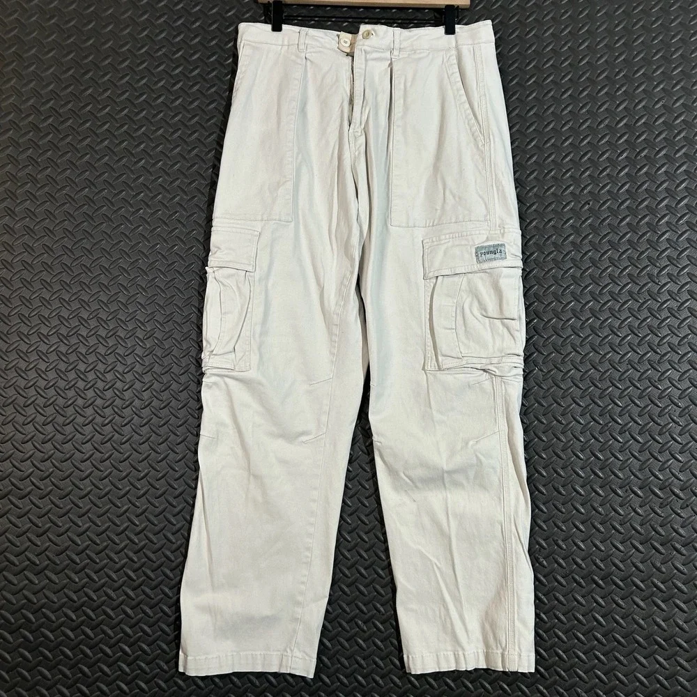YOUNGLA 616 Cream Light Khaki Cargo Utility Pocket Streetwear Pants Men Size 38L